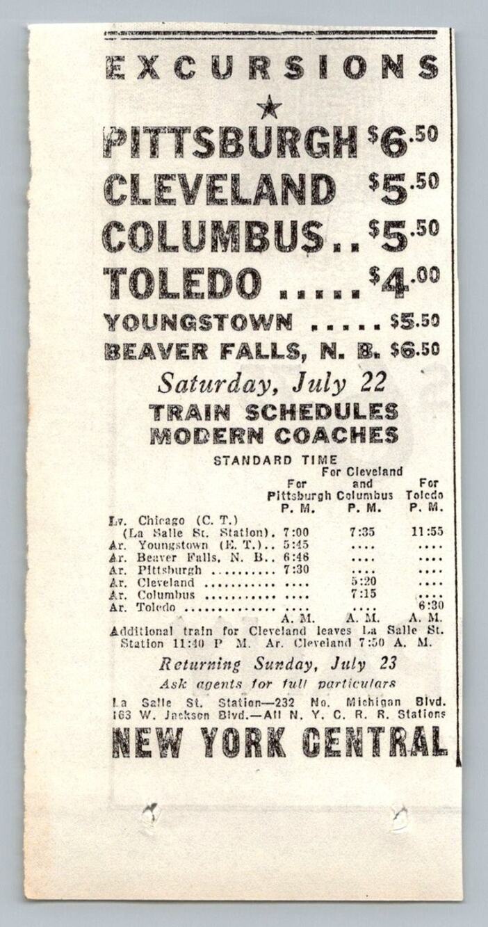 New York Central Train Excursions Print Ad Chicago to Pittsburgh 1930s Ephemera